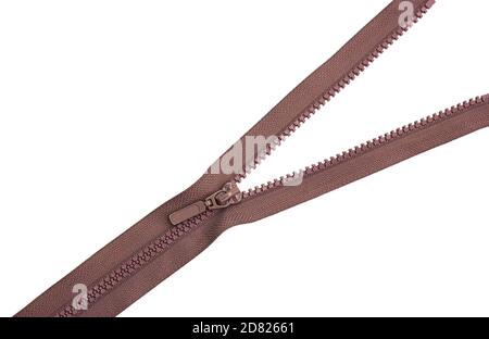 Brown zipper lock for jacket on white background isolate Stock Photo