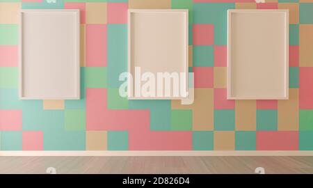 Minimal. living room interior with colored tiles wall. background.3d rendering. Stock Photo