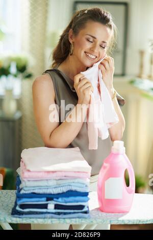 happy elegant 40 years old woman in silk blouse and beige pants with ironing board, pile of folded ironed clothes and pink bottle of fabric softener a Stock Photo