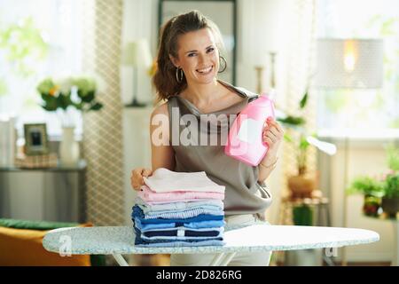 Portrait of smiling trendy woman in silk blouse and beige pants with ironing board, pile of folded ironed clothes and pink bottle of fabric conditione Stock Photo