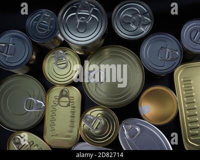 Different types of cans with prepared foods for consumption, vegetables, fish and meat Stock Photo