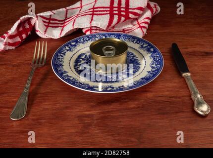 Different types of cans with prepared foods for consumption, vegetables, fish and meat Stock Photo