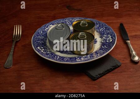 Different types of cans with prepared foods for consumption, vegetables, fish and meat Stock Photo