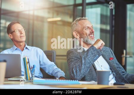 Two cheerful mature male coworkers sitting at meeting in the modern office Stock Photo