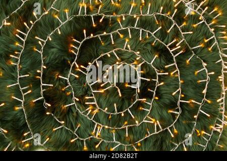 Merry Christmas. flat lay with Christmas lights on green rug background. Stock Photo