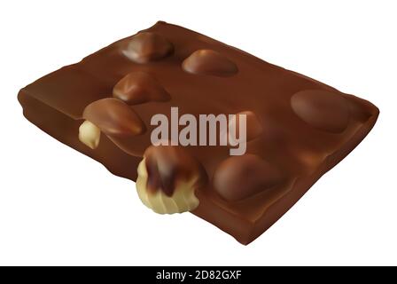 Chocolate bar piece with whole big hazelnuts. Realistic vector illustration. Candy isolated on white Stock Vector