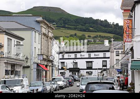 Crickhowell High Street in Powys, Wales. Picturesque town of Crickhowell, which won High Street of the year in 2018, nestled in the Usk Valley in the Stock Photo