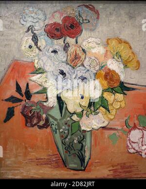 Title: Japanese Vase with Roses and Anemones Creator: Vincent van Gogh Date: 1890  Medium: Oil on canvas Dimensions: 51.7 x 52 cm Location: Musee d'Orsay, Paris Stock Photo