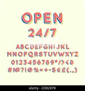 Open 24 7 header vintage 3d vector alphabet set Stock Vector