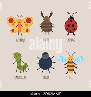 Vector cartoon style illustration of animals for kids. Insect animals set. Stock Vector