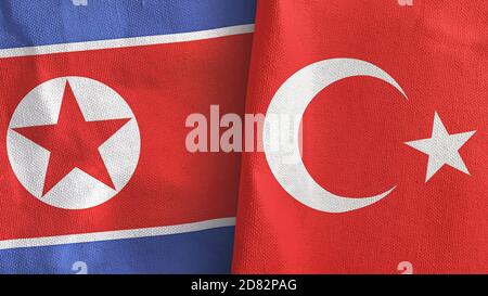 Turkey and North Korea two flags textile cloth 3D rendering Stock Photo