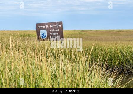 Oceanville, NJ - Oct. 2, 2020: Sign for the Edwin B. Forsythe National Wildlife Refuge amid the sea grasses at the end of Scotts Landing Road. Stock Photo