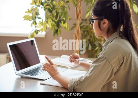 Online school teacher, tutor teaching virtual class video call on laptop. Stock Photo
