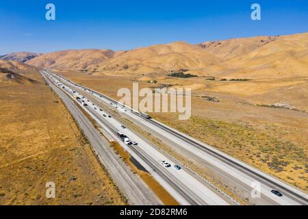 Aerial view of interstate 5 passing the golden hills at Tejon Pass in Gorman, along the San Andreas Fault, California