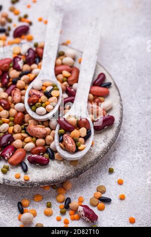 Various legumes. Lentils, beans, pea, chickpea Stock Photo