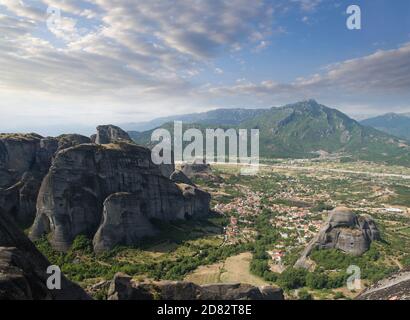 aerial view of rock formation of Meteora and village of Kastraki-Kalambaka Stock Photo