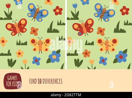 Vector cartoon style illustration of games for kids. Find differences game for children. Insect animals set. Stock Vector