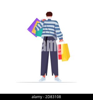 man in protective mask holding shopping bags black friday big sale promotion discount coronavirus quarantine concept full length isolated vector illustration Stock Vector