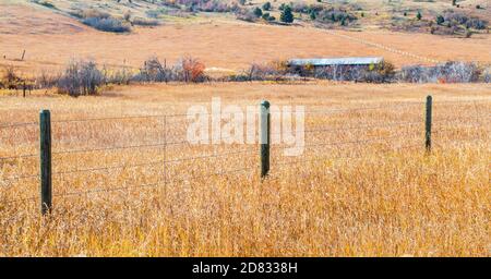 old barbed wire fence running through a field of golden wild grass with an abandoned barn in the distance surrounded by autumn foliage Stock Photo