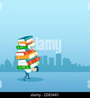 Vector of a little boy carrying on his back a pile of books Stock Vector