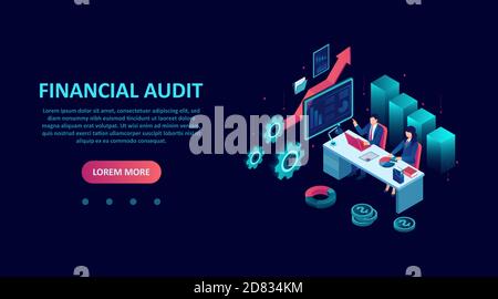 Isometric vector of accountants conducting financial audit, assisting in tax preparation Stock Vector