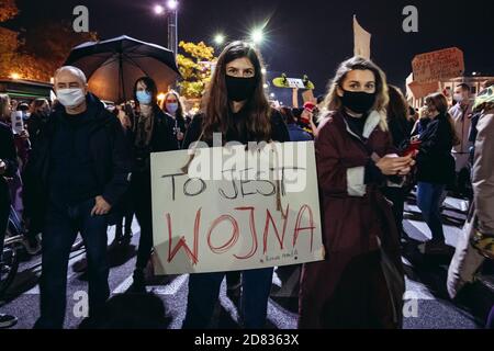 Warsaw, Poland - October 26, 2020: This is war - Pro-choice supporters blocked the streets in city centre during 5th day of protest against ruling tha