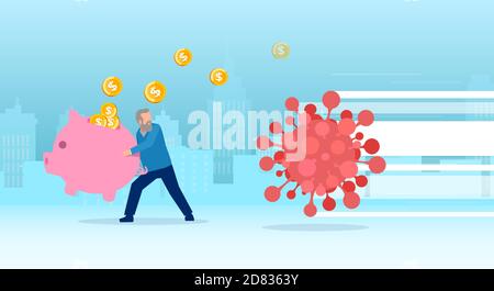 Vector of an elderly man holding a  piggy bank running away from COVID-19 Stock Vector