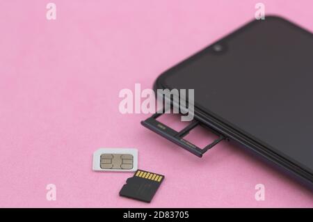 Close-up of the memory and sim cards of a smart phone turned off with the tray for said cards open Stock Photo