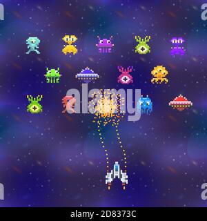 Cute space invaders in pixel art style on deep space background, vintage gamescreen Stock Vector