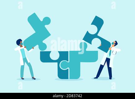 Vector of two doctors putting puzzle pieces together a symbol of team work and collaboration Stock Vector