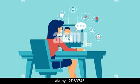 Vector of a male doctor consulting online via computer female patient. Tele medicine concept Stock Vector