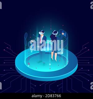 Vector of a man and woman wearing goggle VR headset interacting with touch interface of virtual reality technology Stock Vector