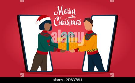 Vector of a young man and woman communicating via mobile app exchanging with Christmas gifts online Stock Vector