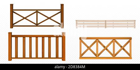 Wooden fences, handrail, balustrade sections with rhombus and grates patterns Balcony panels, stairway or terrace fencing architecture isolated design elements, 3d vector realistic illustration set Stock Vector