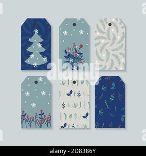 Set of cute Christmas and New Year ready-to-use gift tags or labels. Illustration with blue, red and white colors. Stock Vector