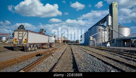 Large B Double truck waiting to load at Yarrawonga Railway Station Stock Photo