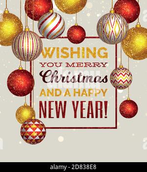 Christmas vector greeting card with red and gold Christmas decorations and small typography. Stock Vector