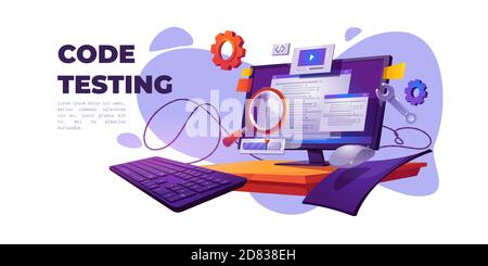 Code testing cartoon banner. Functional test, methodology of programming, search errors and bugs, website platform development, dashboard usability optimization for computer pc vector illustration Stock Vector
