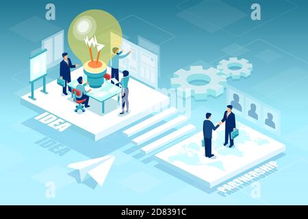 Vector of business people working in open space office brainstorming new ideas creating partnerships around the world Stock Vector