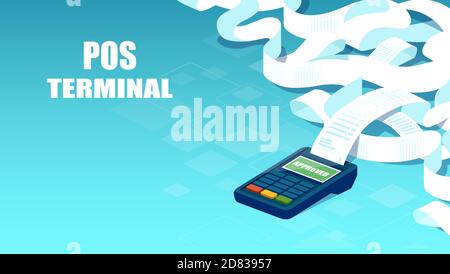 Vector of a POS terminal with a very long receipt on blue background Stock Vector