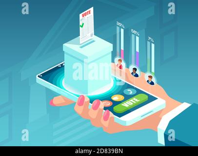 Online voting concept. Isometric vector of a man hand holding a smartphone with ballot box. Modern electronic election system Stock Vector