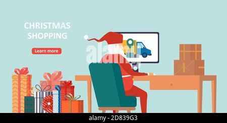 Vector of a Santa Claus sitting at desk with desktop computer delivering gifts online Stock Vector