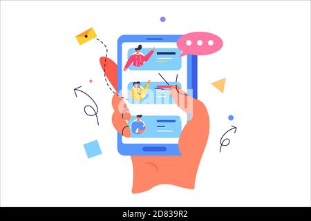 Concept female hand chooses contacts in the phone Stock Vector