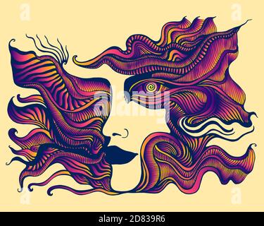Mystical surreal psychedelic stylized anthropomorphic face with spiral eye and many patterns, orange pink purple gradient color, isolated on soft beig Stock Vector