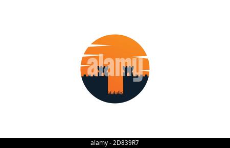 castle walls with sunset logo vector icon illustration Stock Vector