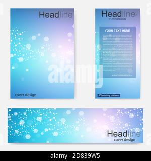 Set flyer, brochure size A4 template,banner. Molecular structure with connected lines and dots. Scientific pattern atom DNA with elements for magazine Stock Vector