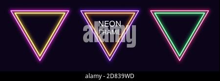 Neon triangle Frame. Set of triangular neon Border with double outline. Vector geometric shape with copy space, futuristic glowing element for social Stock Vector