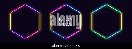 Neon hexagon Frame. Set of hexagonal neon Border in 3 outline parts. Geometric shape with copy space, futuristic glowing element for social media stor Stock Vector