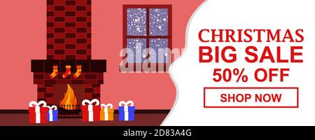 Christmas sale concept with fireplace background theme, Christmas tree and Christmas decorations. Vector illustration for Christmas day. Free Vectors Stock Vector