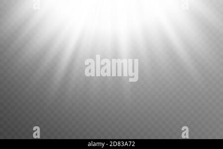 White lights on transparent backdrop. White abstract lighting effect. Realistic morning light template with bright beams. Sunshine or sunlight. Vector Stock Vector
